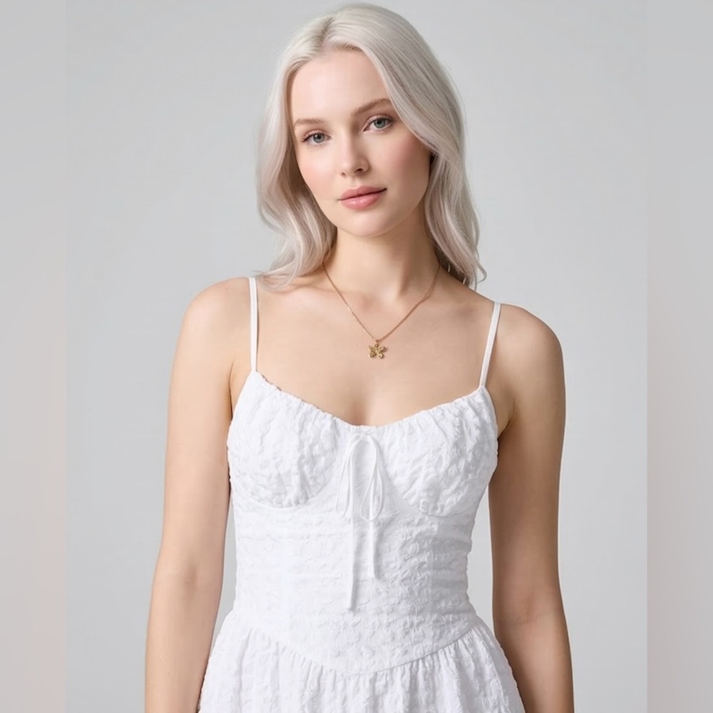 LAST ONE 🔥 Textured Midi Cottagecore Lace-Up Corset Dress White - Picture 5 of 9